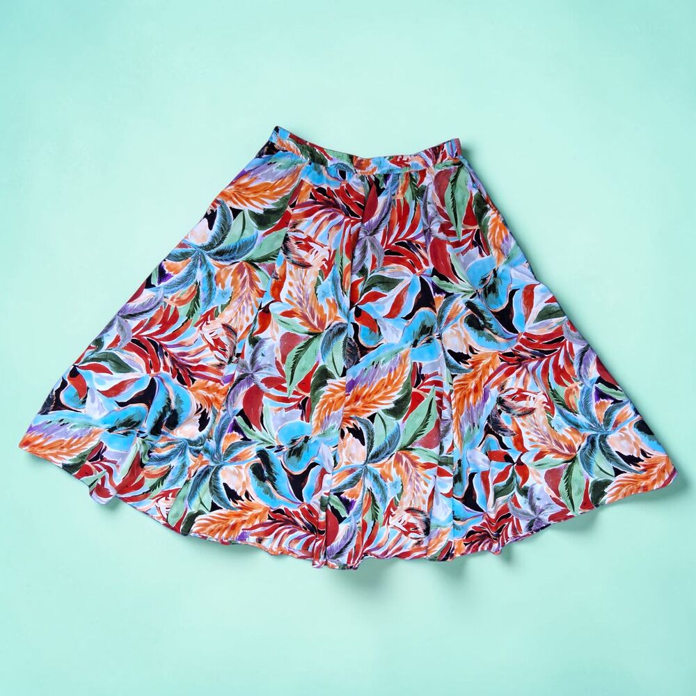 Mon Orchid Size XL Tropical Floral Print Flare Skirt - Multi-Color Boho Resort